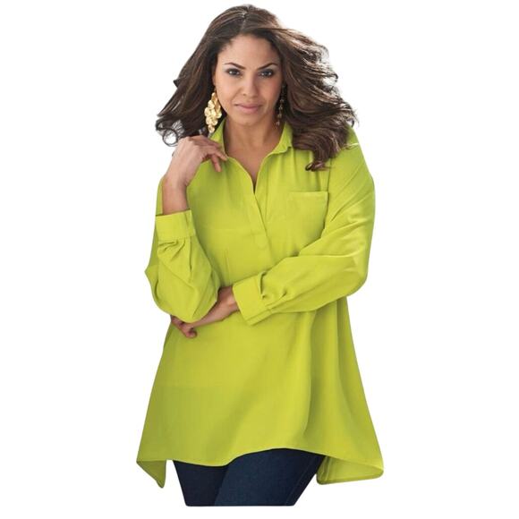 Catherines Tops - Catherines Lime Green Faux Suede Roll Tab Sleeve Collared Blouse Plus Size 3X